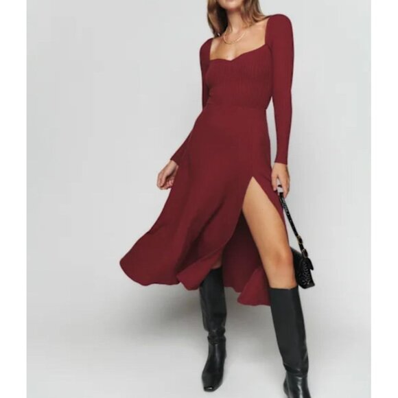 Reformation Dresses & Skirts - Reformation Banks Midi Dress size Small Red Long sleeve Red Ribbed Front Slit